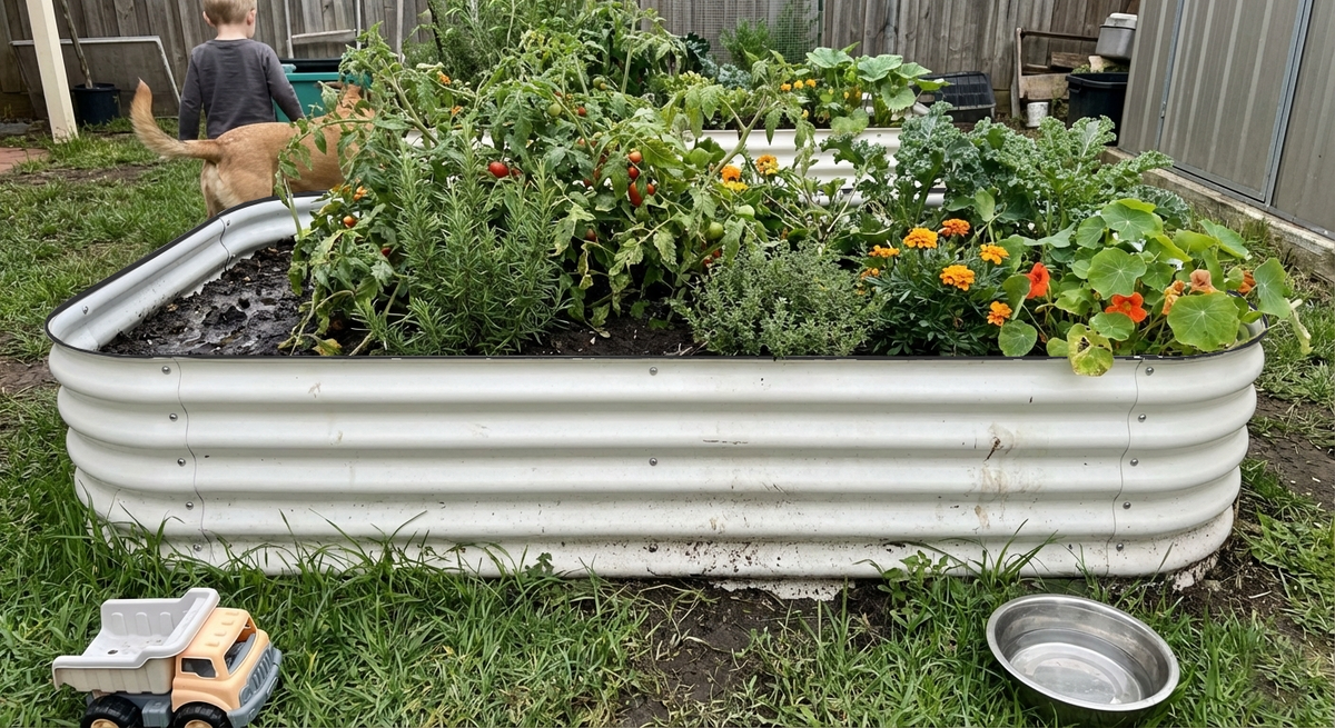 Metal raised garden bed positioned in a sunny south-facing backyard location with 6 to 8 hours of direct sunlight for optimal vegetable growth