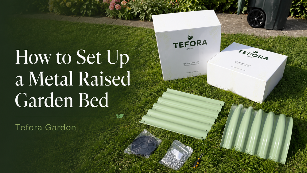 Step by step assembly of a modular 9-in-1 metal raised garden bed on level ground with panels connected bracing rods installed and cardboard base layer underneath
