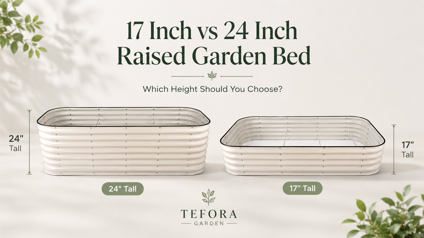 Comparison of Tefora 17 inch and 24 inch metal raised garden beds side by side in a backyard