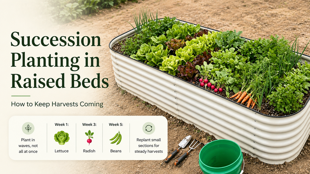 Raised garden bed divided into zones showing lettuce radish and beans at different growth stages for continuous harvest throughout the season