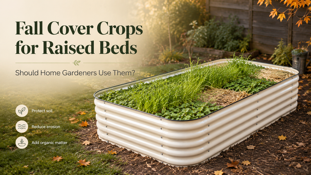 Raised garden bed with green cover crop growing in fall to protect soil and add organic matter over winter