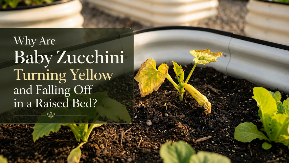 Baby zucchini turning yellow and falling off plant in a raised garden bed due to incomplete pollination from low pollinator activity