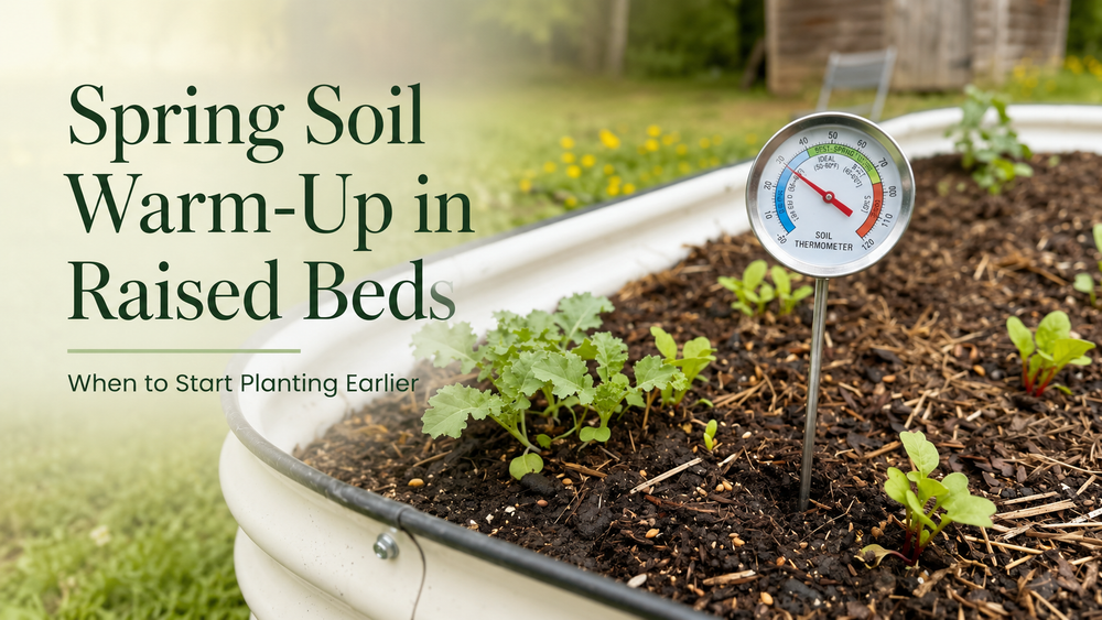 Raised garden bed with cool-season seedlings like lettuce and kale planted early in spring as soil warms above ground level