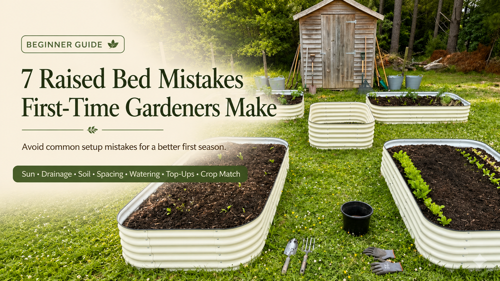 First-time gardener setting up a metal raised garden bed in a sunny location with proper spacing and deep watering to avoid the most common beginner mistakes