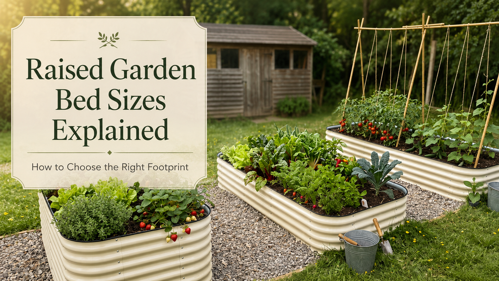 Raised garden bed sizes comparison showing small, medium, long and modular footprint options