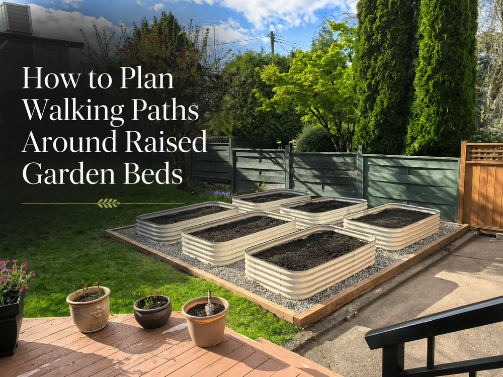 Gravel path between metal raised garden beds in a backyard garden