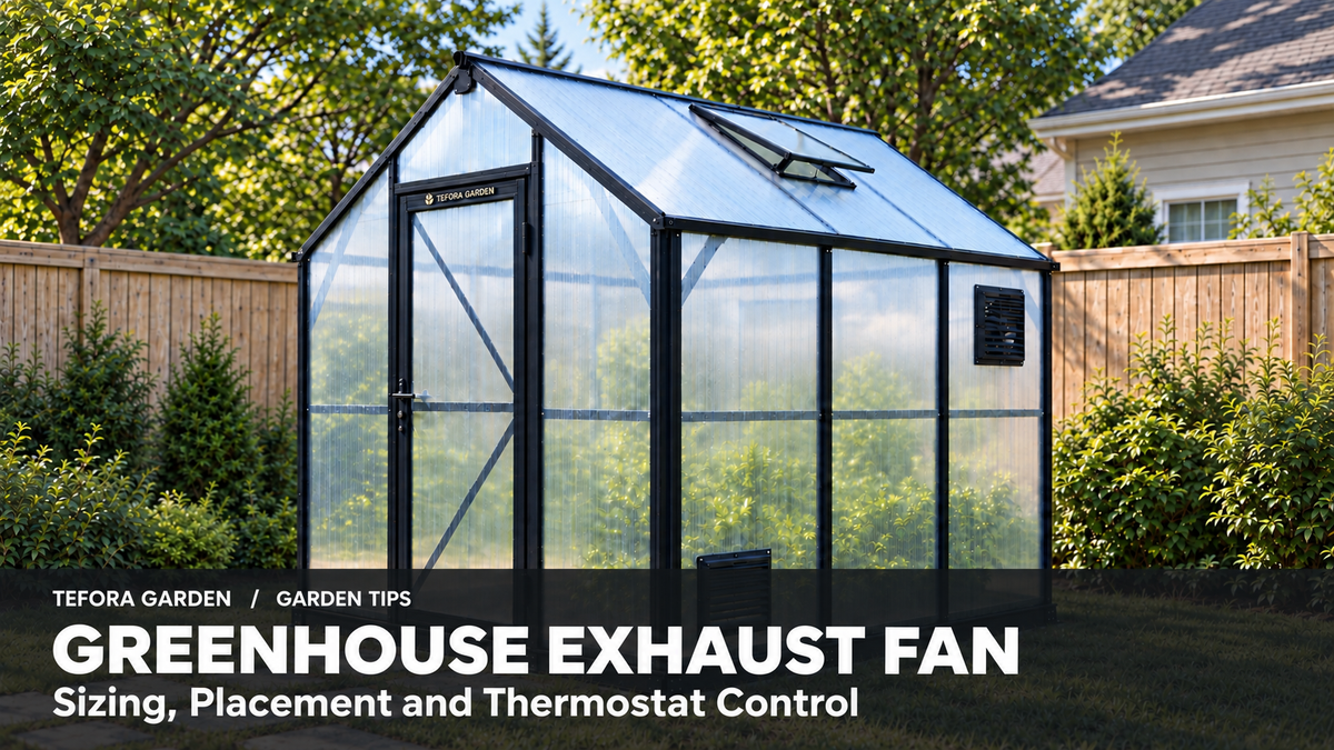 Tefora Garden greenhouse showing high exhaust vent and low intake vent; exhaust fan guide